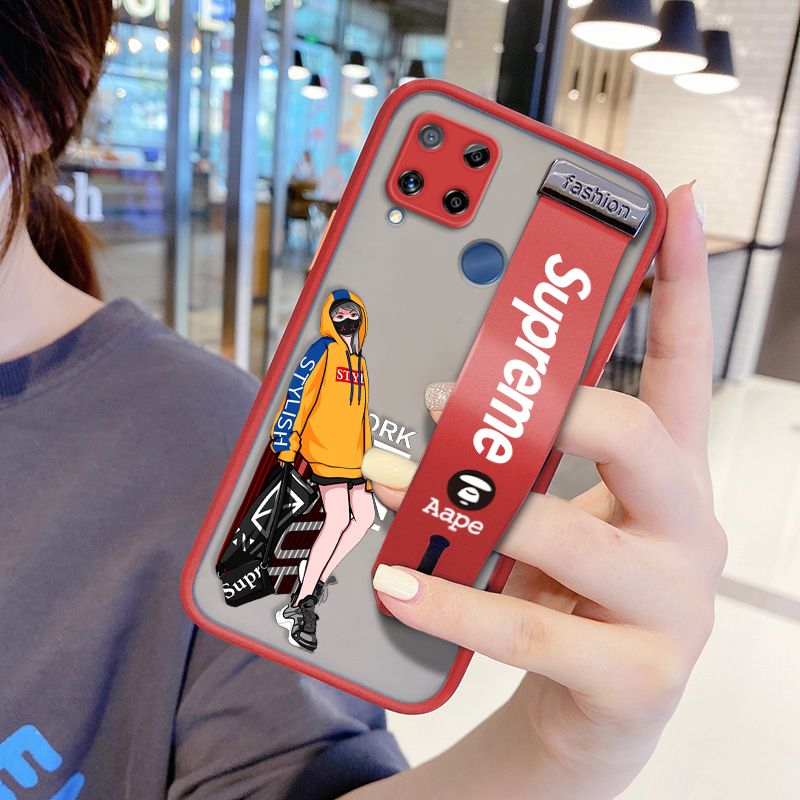 UCUC for Realme C15 Wrist Strap Case Creative Cartoon Handsome Girl Wristband Printing Cover Shockproof Frosted Phone Case