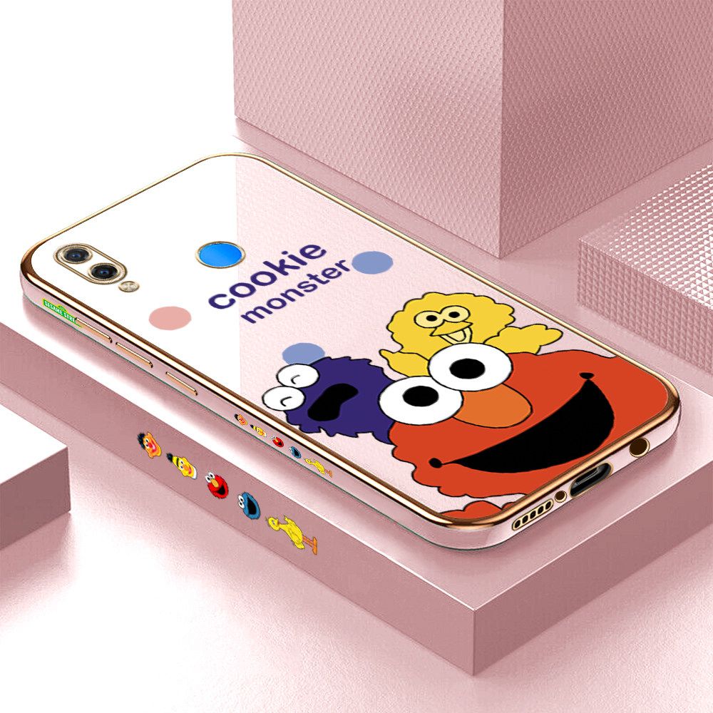 Luxury 6D Plating Case for Huawei Nova 3i Color Cute Cartoon Sesame Monsters Side Pattern Back Cover Soft Silicone Square Frame Shiny Bling Phone Cases + Free Lanyard
