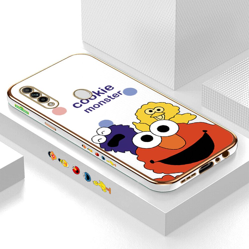 Luxury 6D Plating Case for OPPO A31 2020 Color Cute Cartoon Sesame Monsters Side Pattern Back Cover Soft Silicone Square Frame Shiny Bling Phone Cases + Free Lanyard