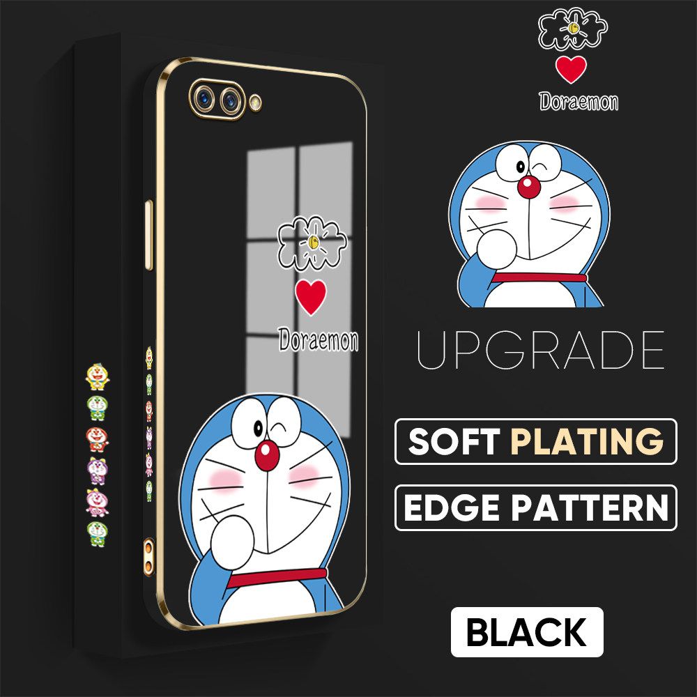 UCUC for OPPO A12E / A3S / Realme C1 Back Cover + Free Lanyard Sneak Doraemon Luxury 6D Plating Case Side Pattern Soft Silicone Square Phone Cases
