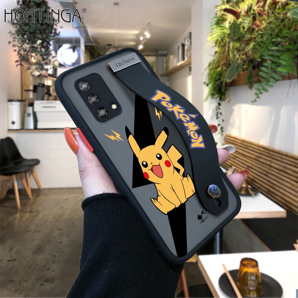 Hontinga for OPPO F19 / A74 4G / A95 Back Cover With Wristband Cartoon Pikachu Phone Casee Full Lens Protection Thin Frosted Cases
