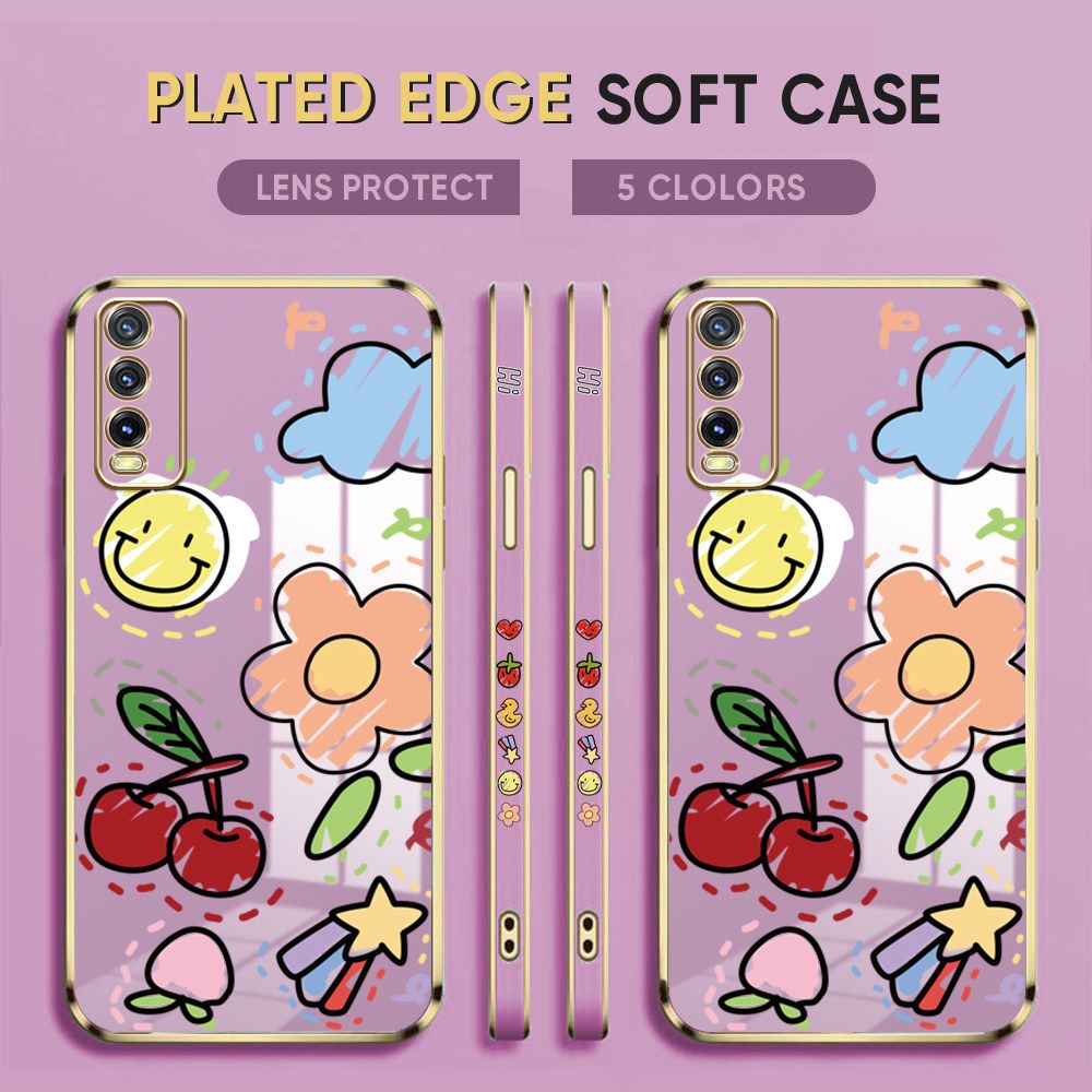 Luxury 6D Plating Case for Vivo Y20S Phone Cases Color Cartoon cherry Peach Side Print Soft Silicone Square Back Cover