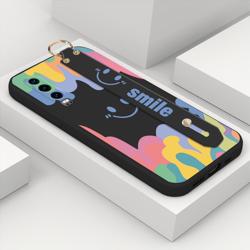 ZeroQiQi for Huawei P30 Wrist Strap Case Soft Candy Color Splash Ink Cover Trend Square Printed Pattern Liquid Silicone Phone Case