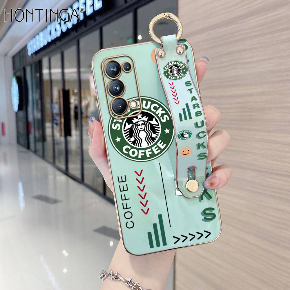 Hontinga for OPPO Reno5 Pro 5G Back Cover With Wristband Luxury 6D Plating Coffee Sign Case Soft Silicone Square Phone Cases