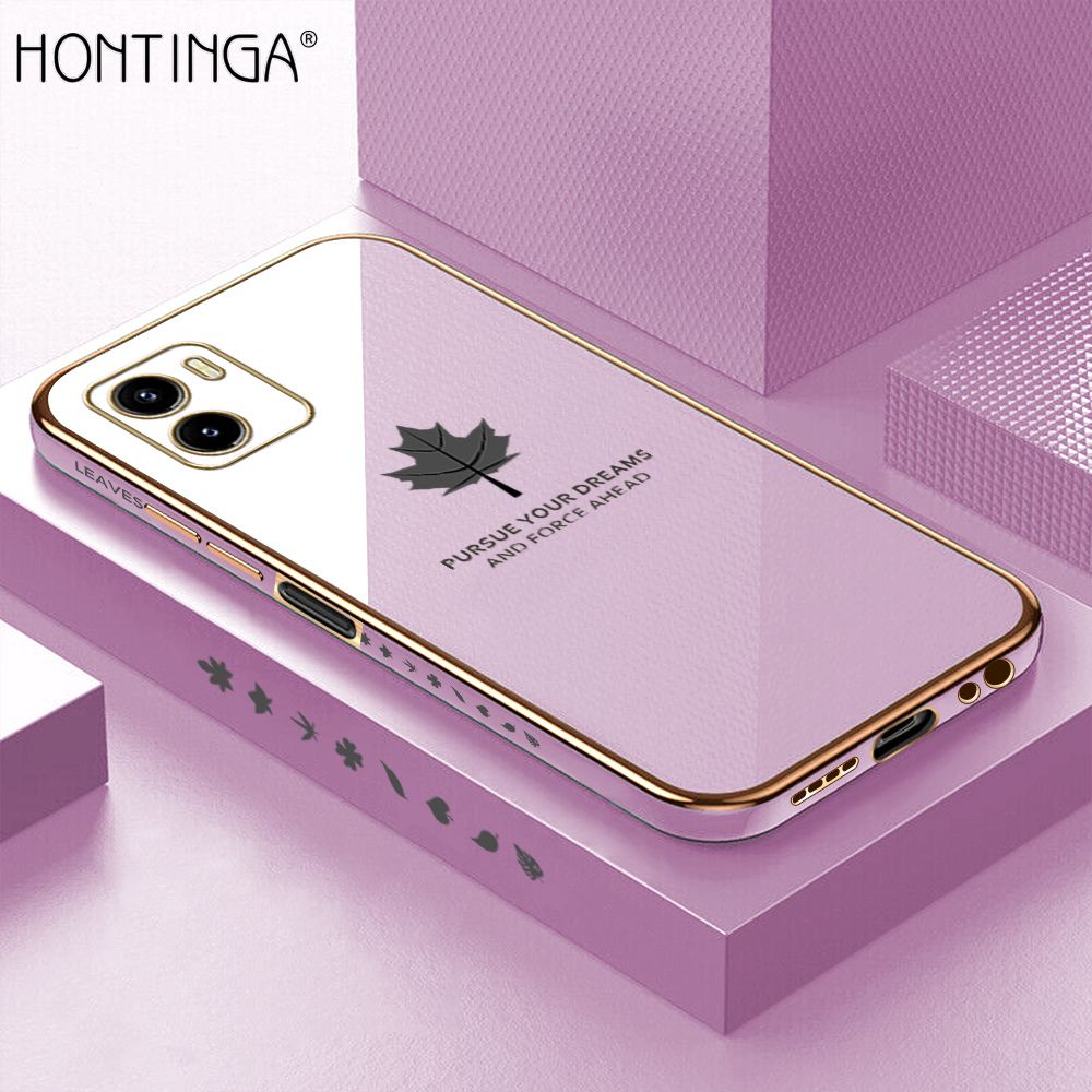 Hontinga for Vivo Y15A Y15S Y15C Y01 Back Cover + Free Lanyard Luxury 6D Plating Maple Leaf Side Pattern Case Soft Silicone Square Phone Cases