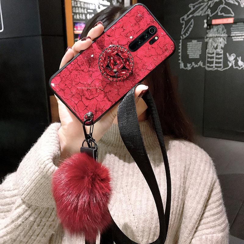 Bling Gold Foil Hairball Wristlet Marble Phone Cases for Xiaomi Redmi Note 8 and 8 Pro Note 8T Redmi 8 8A Luxury Rhinestone Soft Silicone Shockproof Glitter Case Coque