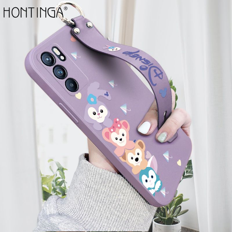 Hontinga for OPPO Reno6 5G Wrist Strap Case INS Cute Style Creative Cartoon Rabbit and Fox Cover Thin Square Edge Liquid Silicone Phone Case