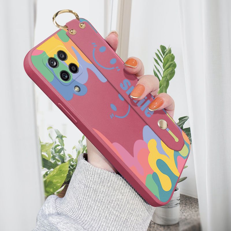 Jizetin for Samsung Galaxy A12 / A12 5G / M12 Wrist Strap Case Soft Candy Color Splash Ink Cover Ultra Thin Anti Fall Liquid Silicone Phone Case