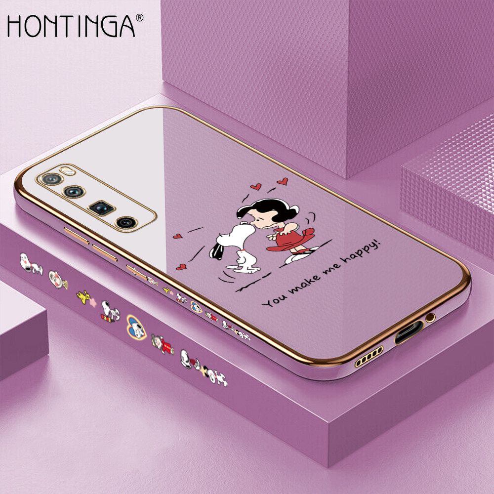 Hontinga for Huawei Nova 7 Pro Back Cover + Free Lanyard Luxury 6D Plating Happy Puppy and Girl Side Pattern Case Soft Silicone Square Mobile Cover