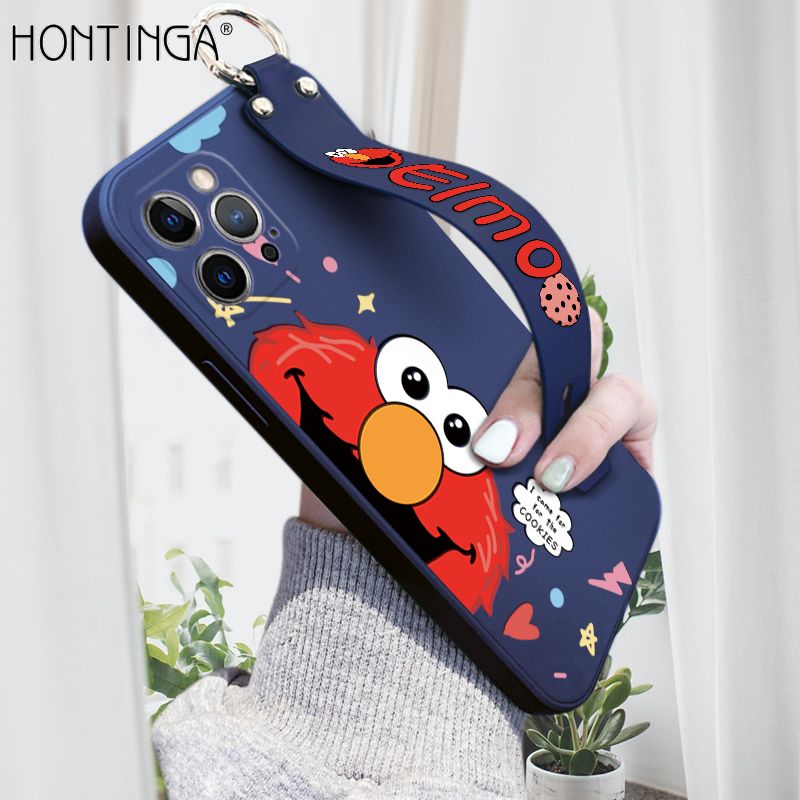 Hontinga for iPhone 12 Pro Max Wrist Strap Case Cute Cute Cartoon Little Monster Phone Cover Square Edge Liquid Silicone Case Full Cover Camera Shockproof Protective Cases