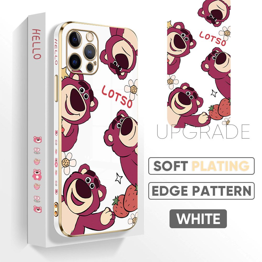 TA for iPhone 12 Pro Back Cover + Free Lanyard Cute Bear Luxury 6D Plating Case Side Pattern Soft Silicone Square Phone Cases