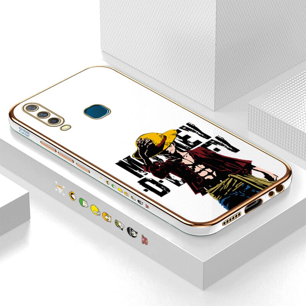 Luxury 6D Plating Case for Vivo Y15 Anime Cartoon Cool Luffy Side Pattern Back Cover Soft Silicone Square Frame Shiny Bling Phone Cases + Free Lanyard