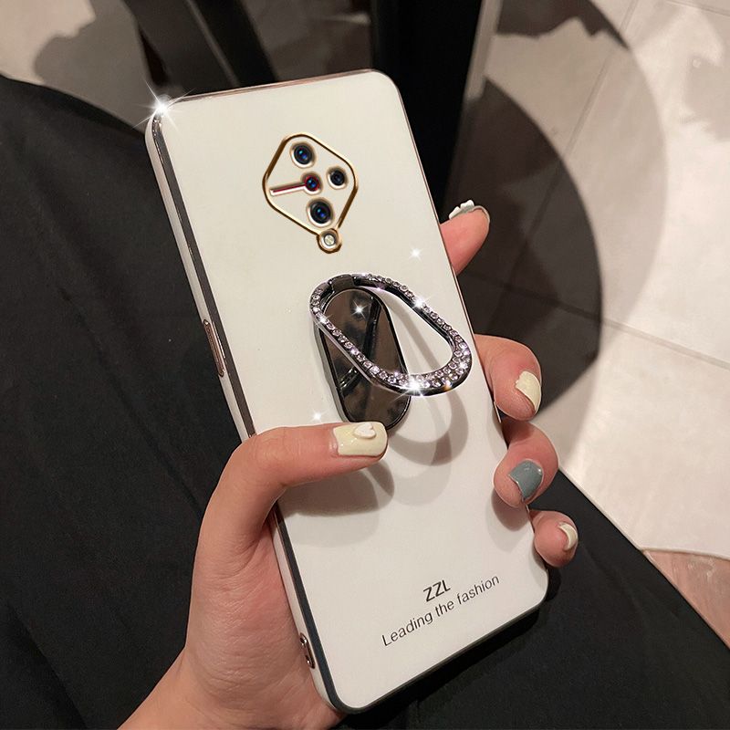 For Vivo S1 Pro Back Cover + Rhinestone Ring Holder Stand Shiny Plating Square Bumper Girls Phone Case Soft TPU Silicone Shockproof Protective Cover