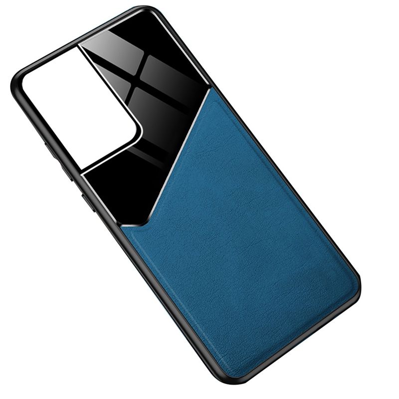 S21+ Case Hard PC Plexiglass Leather Texture Phone Covers for Samsung Ultra Silicone Frame Coque Blue