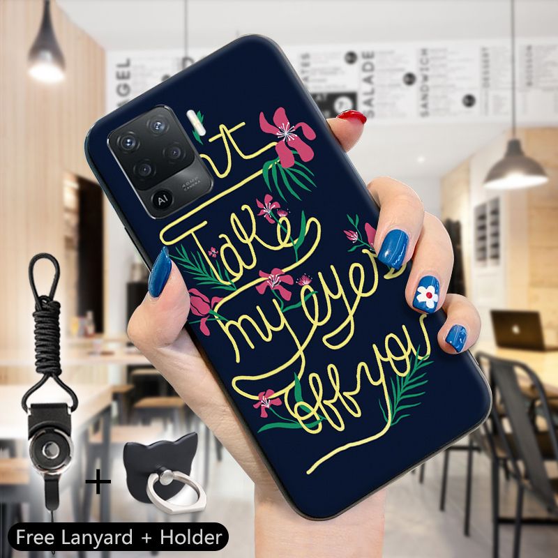 Cellphone Case For OPPO A94 / Oppo Reno 5F Cases (Finger Ring + Lanyard) Girls Fashion Flower Pattern Silm Shockproof Phone Casing A94 Oppo Soft Silicone TPU Case Cover