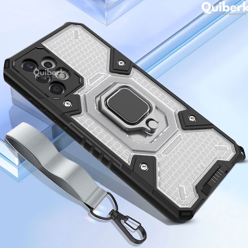 Quiberk for Samsung Galaxy A32 4G Case With Free Lanyard Space Capsule Honeycomb Transparent Shockproof Ring Stand Protective Back Cover