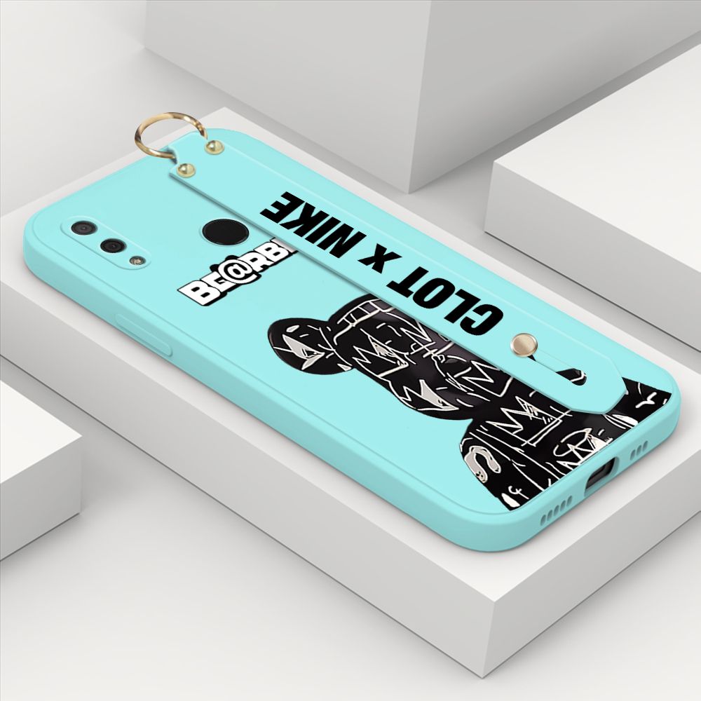 ZeroQiQi for Huawei Y9 2019 Wrist Strap Case Fashion Black Brand Bear Phone Case Square Edge Liquid Silicone Cases Full Cover Camera Shockproof Protection Cases