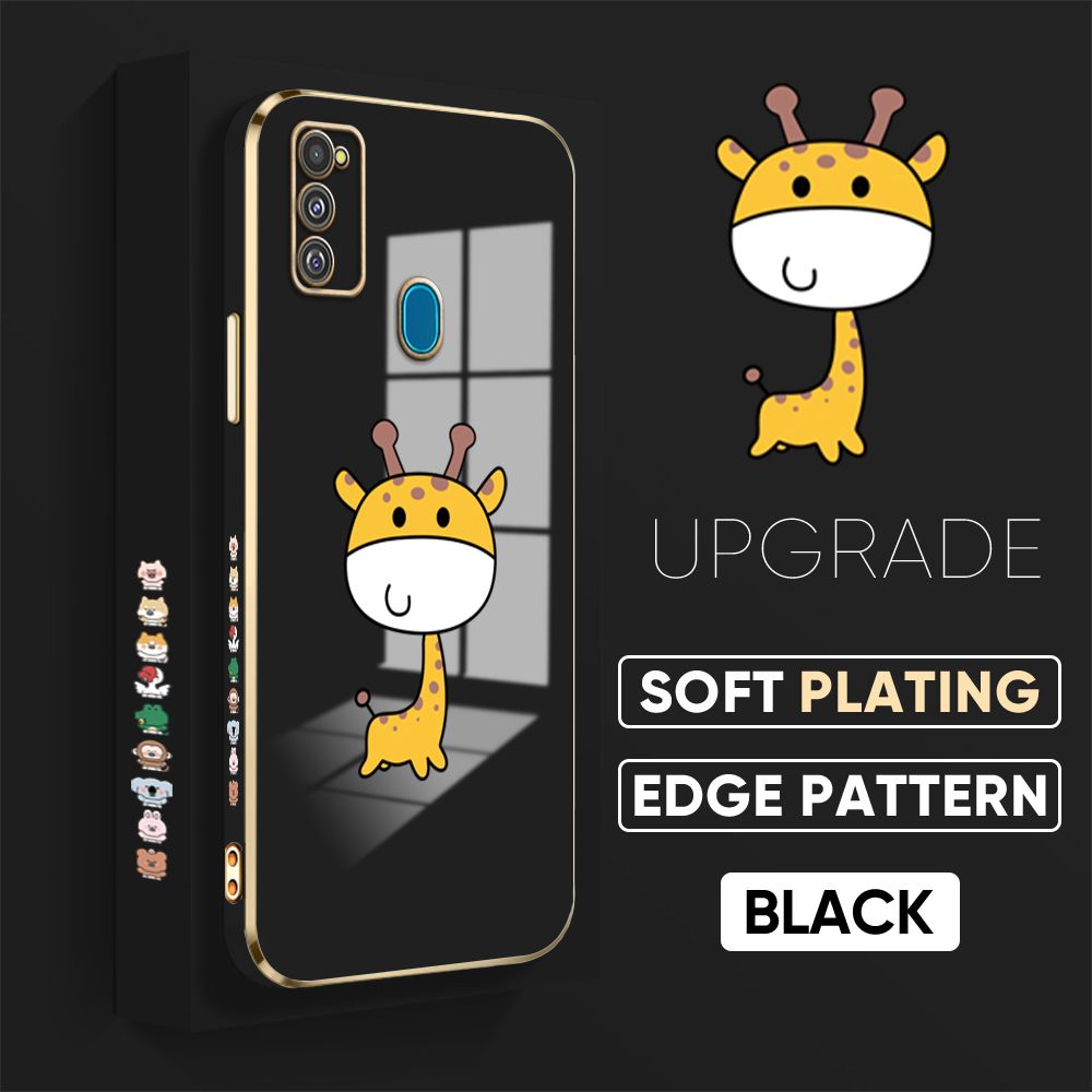 Jizetin (Free Lanyard) Samsung M21 / M30S Cover Big Head Giraffe Luxury 6D Plating Soft Casing Silicone Square Frame Phone Case Shiny Bling Back Cover