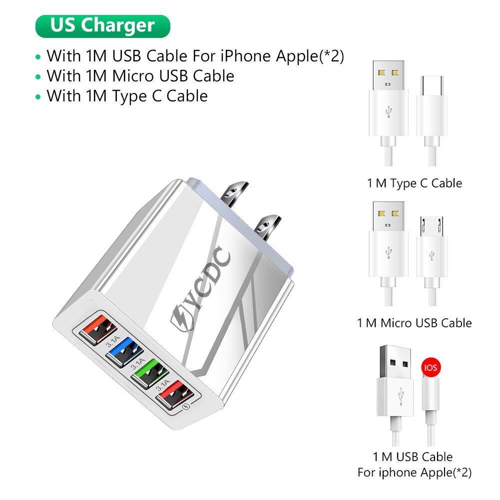 QC 3.0 US Plug Smart Phone Charger 1/4 Usb Ports Fast Charge Power Adapter USB Wall Charger Fast Charging With Charge Cable
