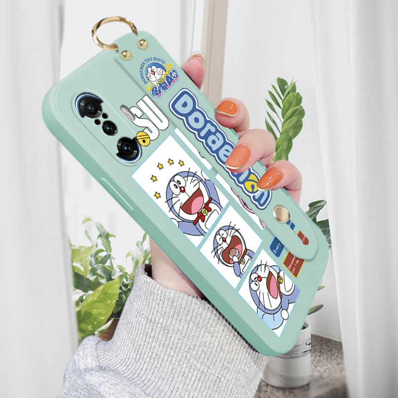 ZeroQiQi for Xiaomi Poco F3 GT Wrist Strap Case Cute Cute Cartoon Blue Cat Daily Life Cover Square Edge Liquid Silicone Creative Phone Protective Cases