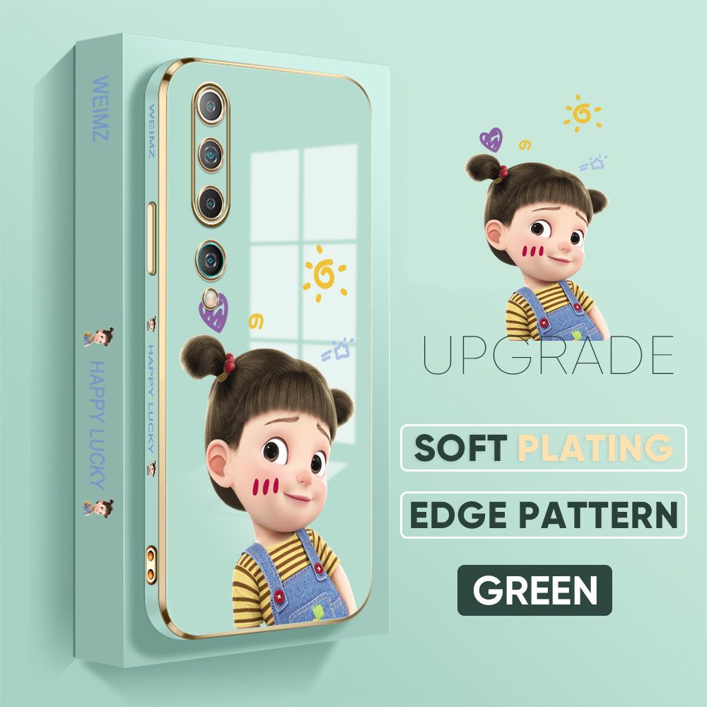 Jizetin (Free Lanyard) Xiaomi 10 Back Cover Double Ponytail Girl Luxury 6D Plating Case Side Pattern Soft Silicone Square Mobile Phone Cases