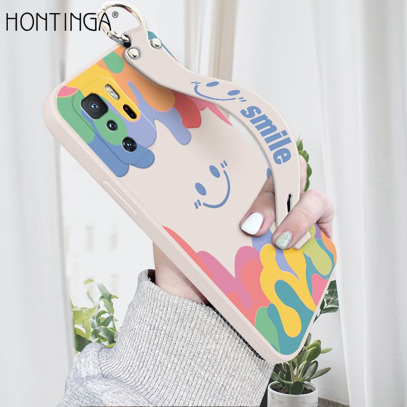 Hontinga for Xiaomi Poco X3 GT Wrist Strap Case Soft Candy Color Splash Ink Cover Trend Square Printed Pattern Liquid Silicone Phone Case