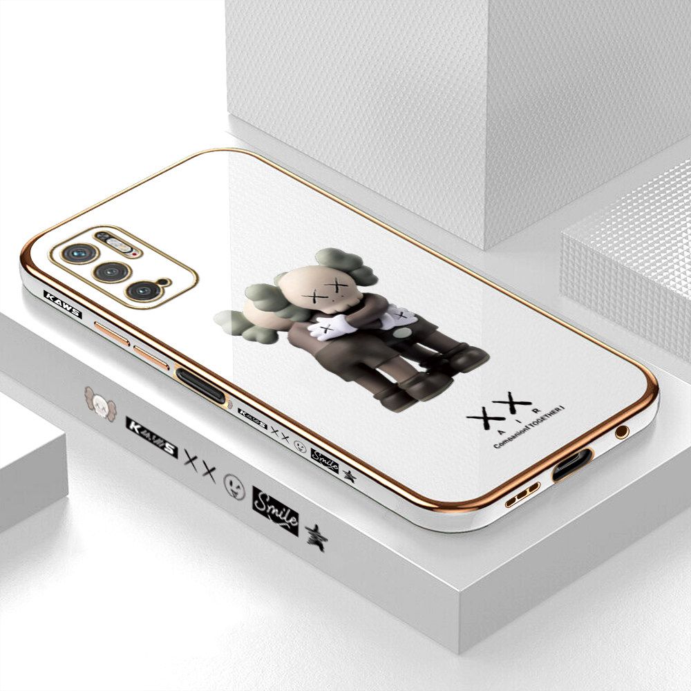 Luxury 6D Plating Case for Xiaomi Poco M3 Pro 5G Embrace Cartoon Bear Side Pattern Back Cover Soft Silicone Square Frame Shiny Bling Phone Cases + Free Lanyard