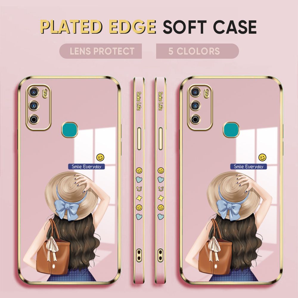 Luxury 6D Plating Case for Infinix Hot 9 Play Back Cover Cartoon Hat Girl Side Pattern Soft Silicone Square Phone Cases
