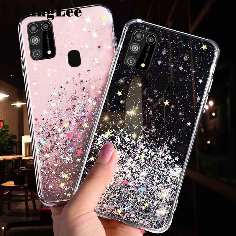 Casinglee For Galaxy M31 case Full Stars Moon Glitter Bling Sequins Cases for Samsung M31 Phone Cover Starry Sky Transparent Soft Back Cover