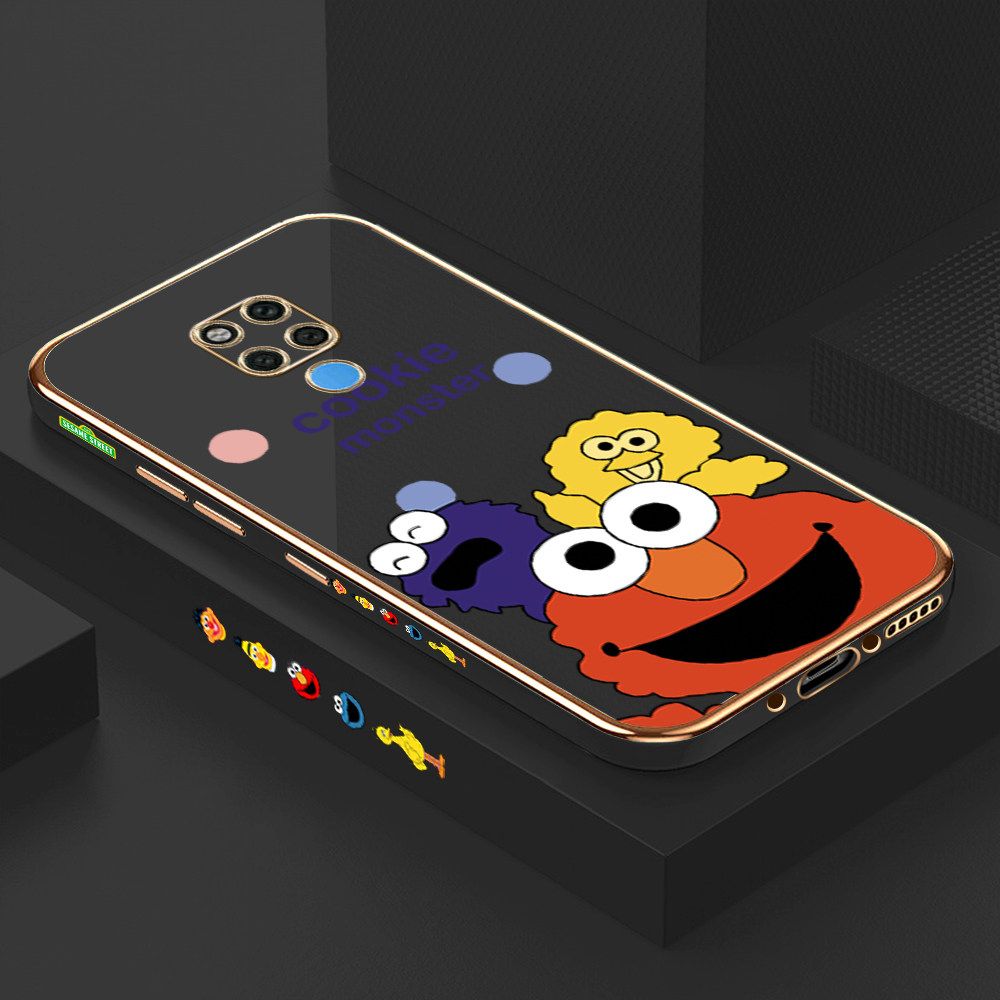 Luxury 6D Plating Case for Huawei Mate 20 X Color Cute Cartoon Sesame Monsters Side Pattern Back Cover Soft Silicone Square Frame Shiny Bling Phone Cases + Free Lanyard