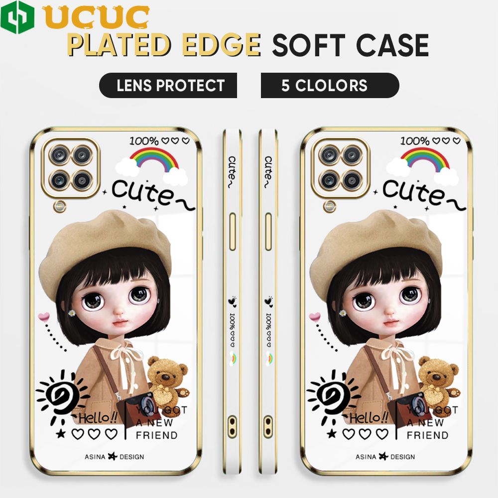 UCUC for Samsung Galaxy A12 / A12 5G / M12 Back Cover + Free Lanyard Sunshine Girl Luxury 6D Plating Case Side Pattern Soft Silicone Square Phone Cases