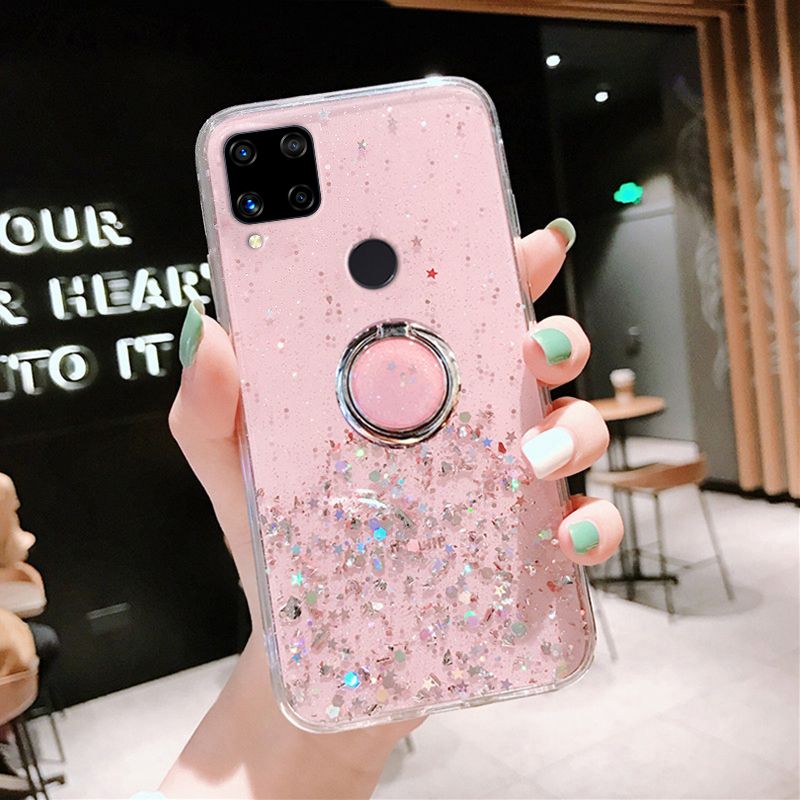 Casinglee for OPPO Realme C12 case Shiny Ring Glitter Soft Transparent Holder Stand Back cover with String for Realme C12 Phone cases cover Stars Moon Girls For girls and Boys