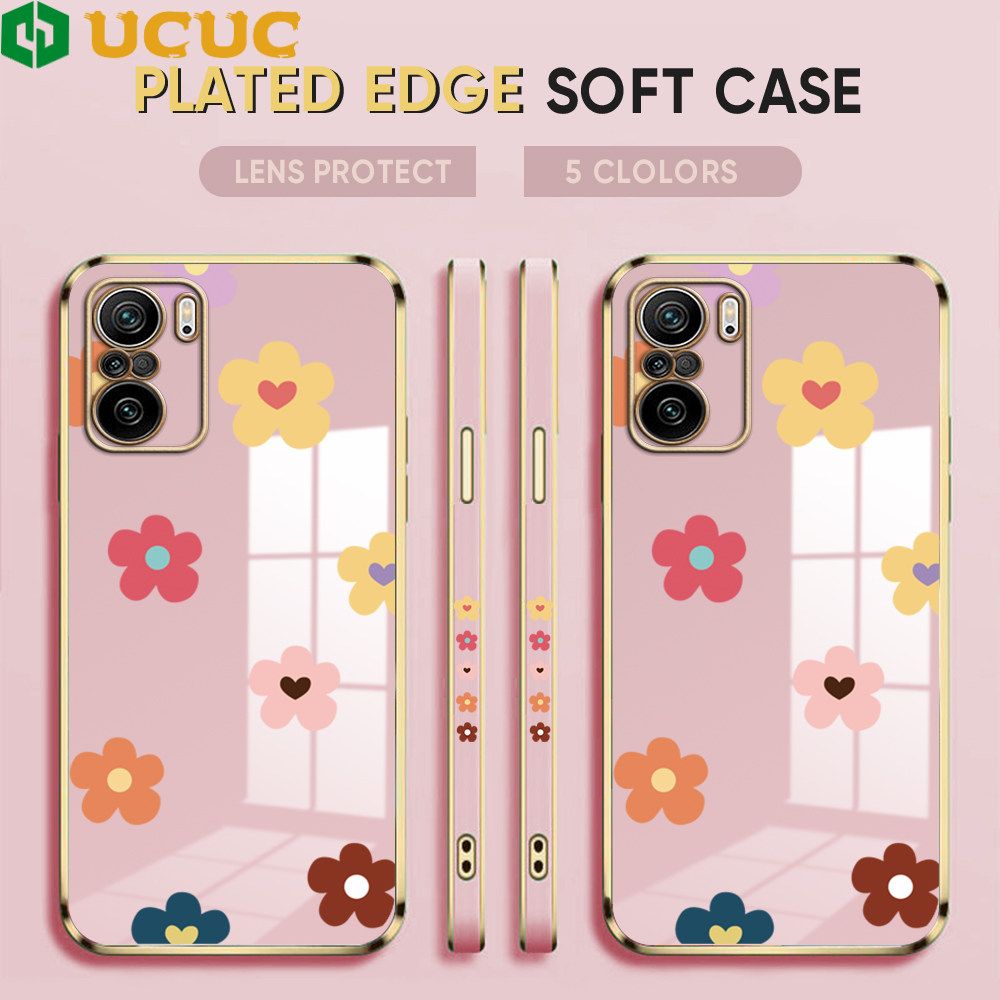 UCUC for Redmi K40 / K40 Pro / Xiaomi Poco F3 Back Cover + Free Lanyard INS Style Flower Luxury 6D Plating Case Side Pattern Soft Silicone Square Phone Cases