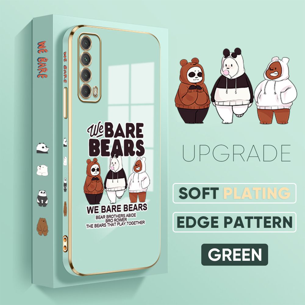 TA for Huawei Y7A Back Cover + Free Lanyard Cute Three Bears Luxury 6D Plating Case Side Pattern Soft Silicone Square Phone Cases