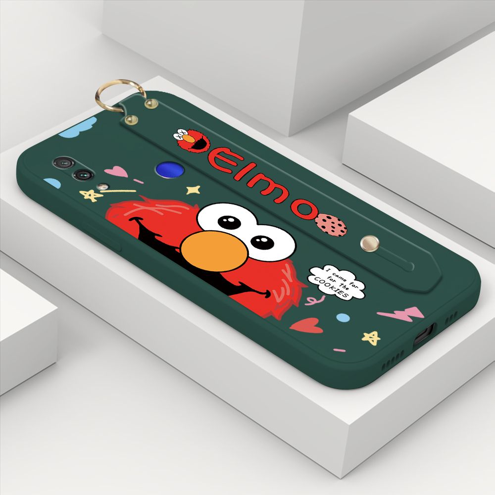 ZeroQiQi for Xiaomi Redmi Note 7 Wrist Strap Case Cute Cute Cartoon Little Monster Phone Cover Square Edge Liquid Silicone Case Full Cover Camera Shockproof Protective Cases