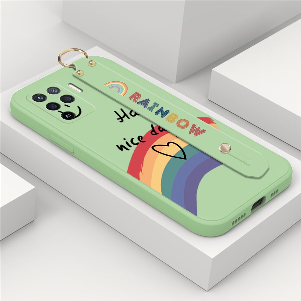 ZeroQiQi for OPPO A94 Wrist Strap Case Lovely Graffiti Rainbow Smile Thin Phone Cover Square Edge Liquid Silicone Creativity Phone Case