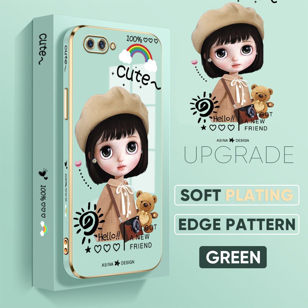 TA for OPPO A12E / A3S / Realme C1 Back Cover + Free Lanyard Satchel Girl Luxury 6D Plating Case Side Pattern Soft Silicone Square Phone Cases