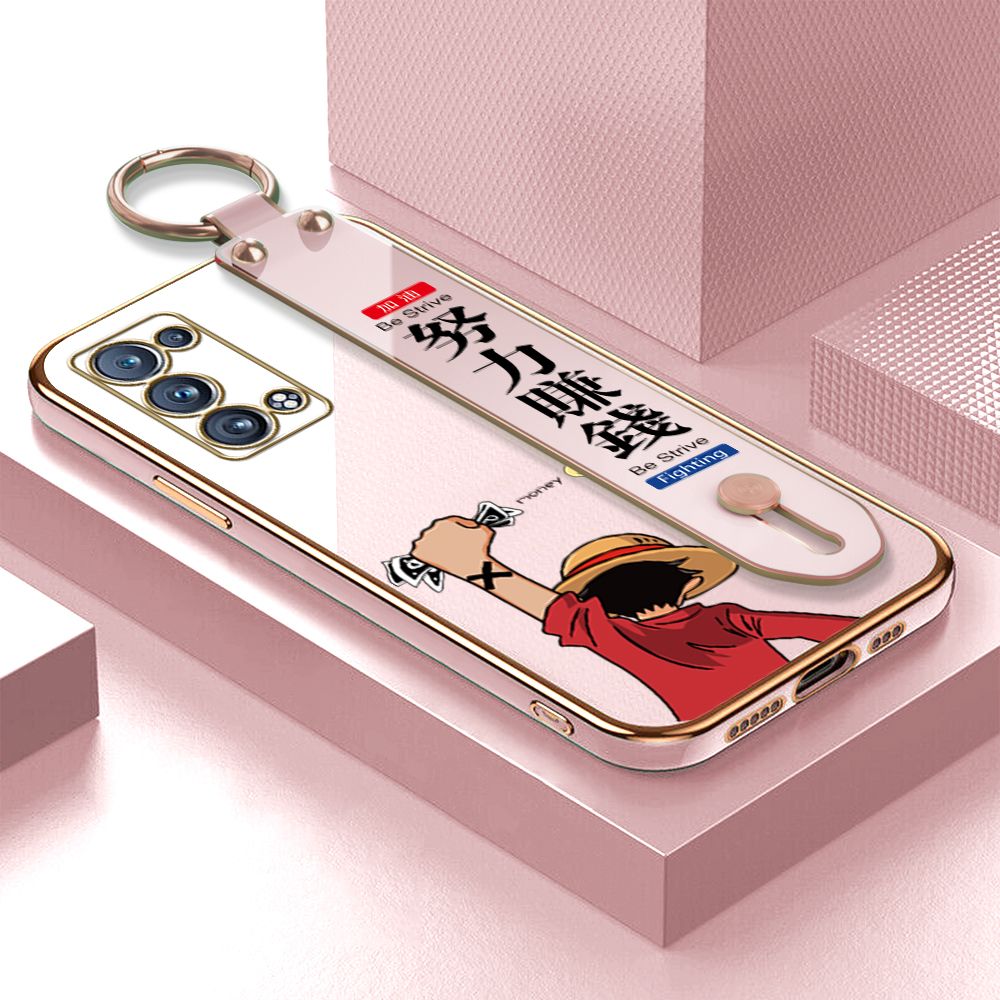 TA for OPPO Reno6 Pro 5G Wrist Strap Back Cover Struggle Luffy Fashion Luxury 6D Plating Soft Casing Silicone Square Frame Phone Case