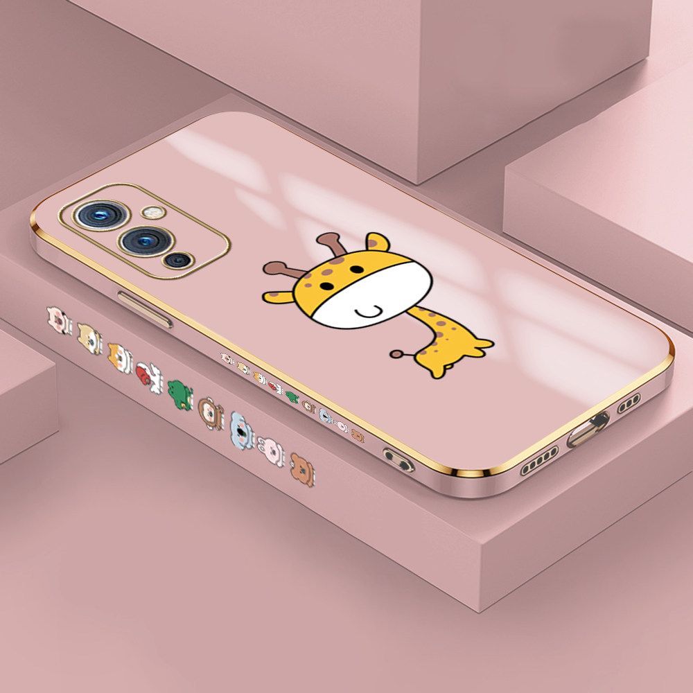 Jizetin (Free Lanyard) OnePlus 9 Case Cute Cartoon Big Head Giraffe Luxury 6D Plating Soft Casing Silicone Ultra Thin Phone Cover