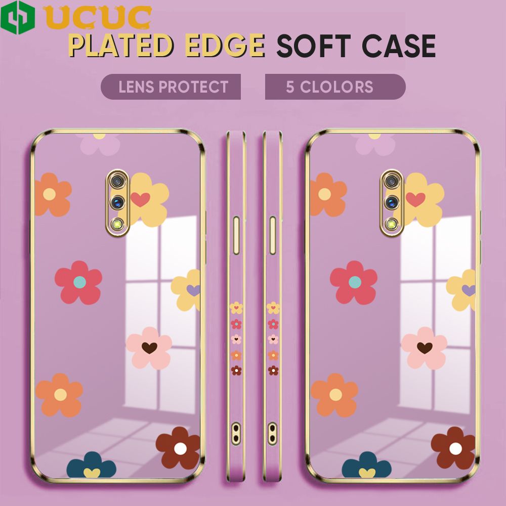 UCUC for Realme X / OPPO K3 Back Cover + Free Lanyard INS Style Flower Luxury 6D Plating Case Side Pattern Soft Silicone Square Phone Cases