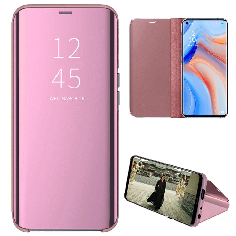 For Oppo Reno 4 Pro Mirror Plating Hard PC -PU Leather Translucent Standing View Case Cover