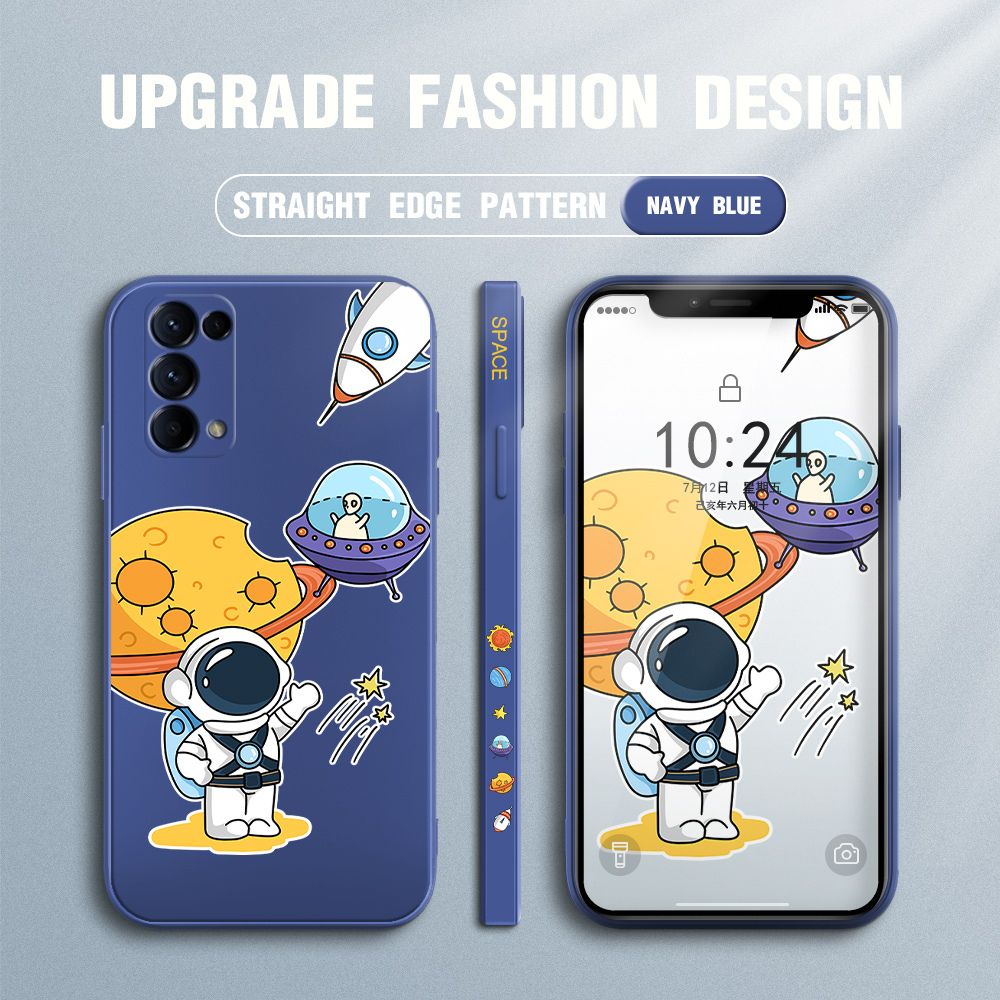 Jizetin for OPPO Reno 5 Pro 5G Case Side Design Phone Cover Moon Space Astronaut Cover Square Edge Pattern Liquid Silicone Trend Case
