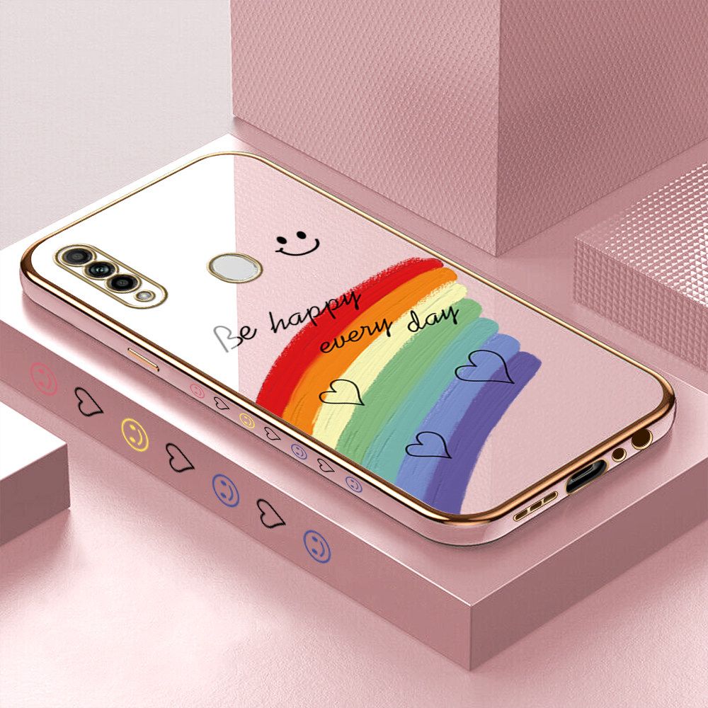 Luxury 6D Plating Case for OPPO A31 2020 Smile Rainbow Lover Heart Side Pattern Back Cover Soft Silicone Square Frame Shiny Bling Phone Cases + Free Lanyard