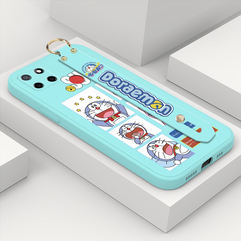 ZeroQiQi for Realme C25s Wrist Strap Case Cute Cute Cartoon Blue Cat Daily Life Cover Square Edge Liquid Silicone Creative Phone Protective Cases