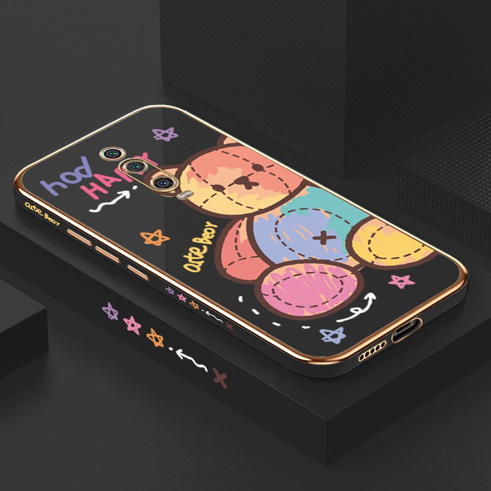 Luxury 6D Plating Case for Xiaomi 9T Color Cartoon Doll Bear Side Pattern Back Cover Soft Silicone Square Frame Shiny Bling Phone Cases + Free Lanyard