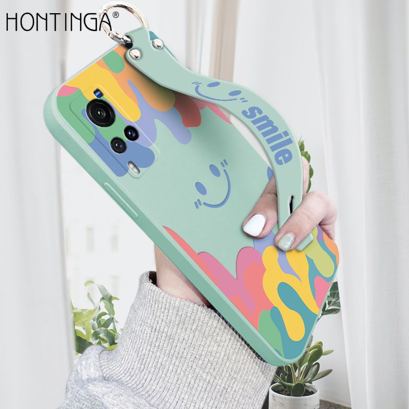 Hontinga for Vivo X60 5G Wrist Strap Case Soft Candy Color Splash Ink Cover Trend Square Printed Pattern Liquid Silicone Phone Case
