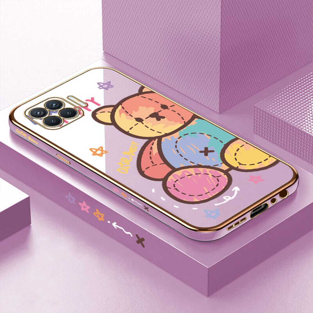 Luxury 6D Plating Case for OPPO F17 Pro A93 2020 Color Cartoon Doll Bear Side Pattern Back Cover Soft Silicone Square Phone Cases + Free Lanyard