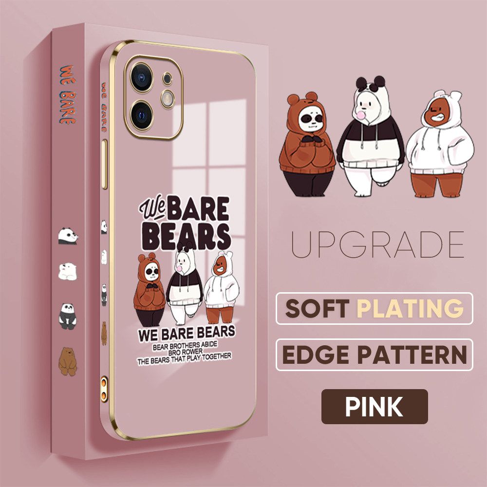 TA for iPhone 12 Back Cover + Free Lanyard Cute Three Bears Luxury 6D Plating Case Side Pattern Soft Silicone Square Phone Cases