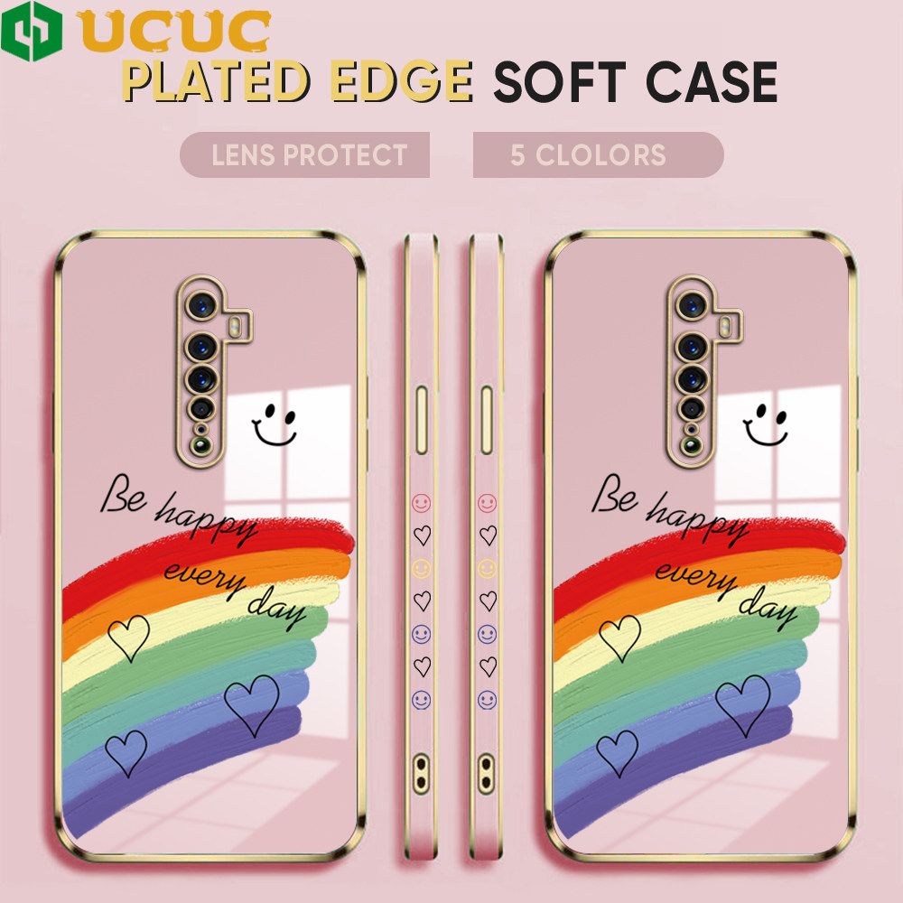 UCUC for OPPO Reno 2F 2Z Back Cover + Free Lanyard Rainbow Doodle Luxury 6D Plating Case Side Pattern Soft Silicone Square Phone Cases