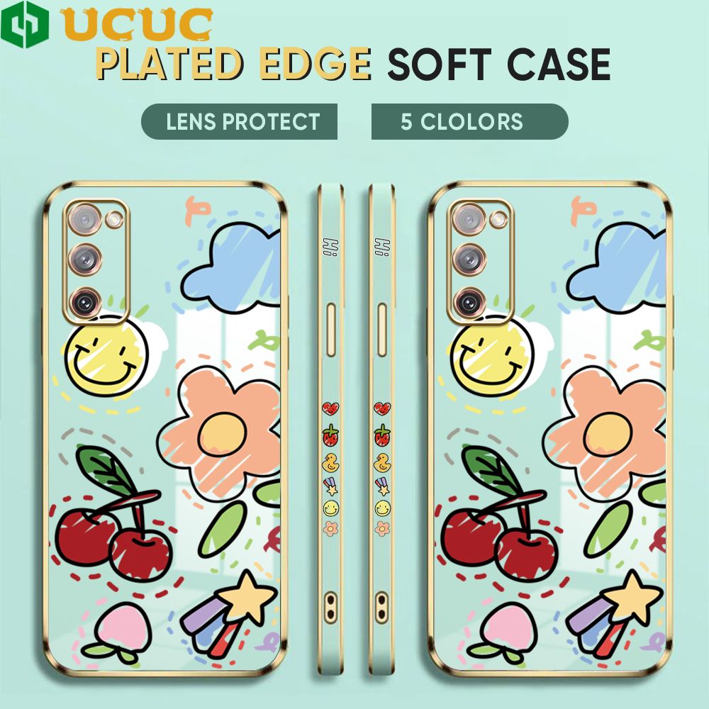 UCUC for Samsung Galaxy S20 FE Cover Fruit Doodle Luxury 6D Plating Soft Casing Silicone Square Frame Phone Case Shiny Bling Back Cover + Free Lanyard